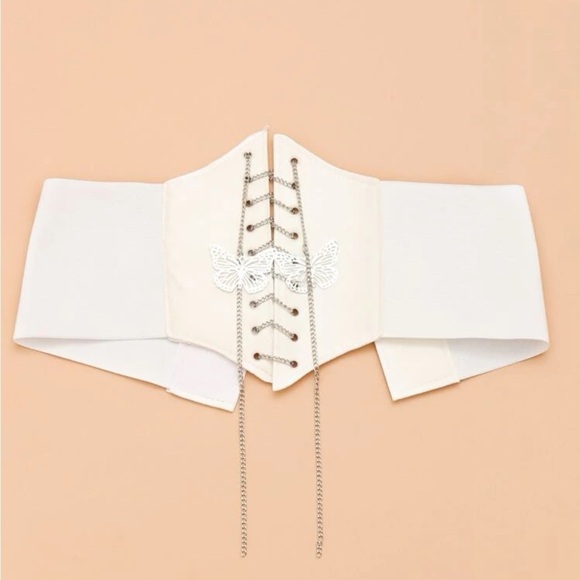 White Leather Chain Butterfly Corset Belt - Picture 4 of 6
